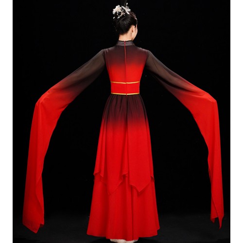 Waterfall Sleeve Chinese folk traditional dance costumes for women girls red with black gradient Chinese classical fairy princess dance hanfu for woman